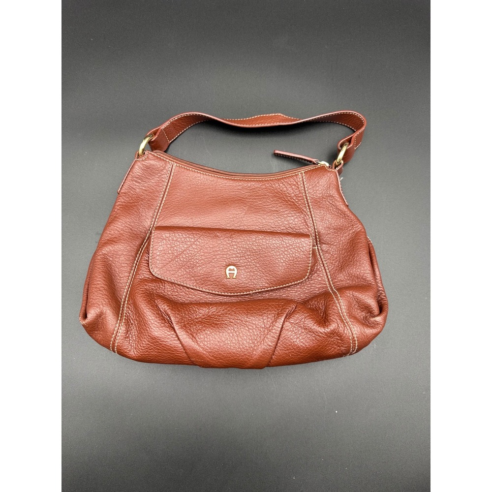 Aigner‎ Genuine Cowhide Leather Shoulder Bag Brown Zipper Closure Pocket